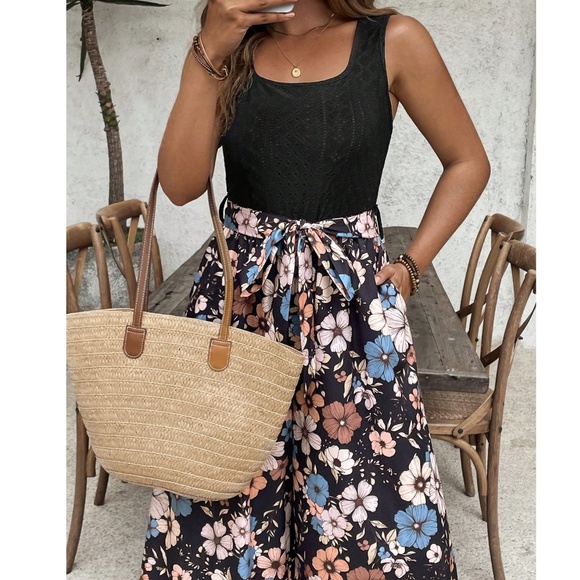 Plus Floral Print Wide Leg Belted Tank Jumpsuit - Picture 5 of 5